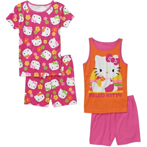 Komar Kids Hello Kitty Girls 4-Piece Cotton Pajamas Sleepwear Set with Shorts and Pants 